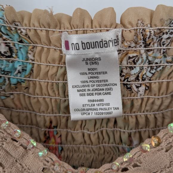 No Boundaries Boho Peasant Blouse Small Juniors S Beige Paisley Sheer Flowy Top - Picture 3 of 3